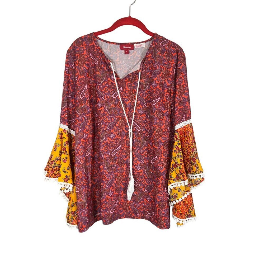 Retro Floral Boho Top Orange Dainty L Hippie Folk Indie Chic Western